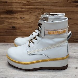 RARE Caterpillar Women High Hopes Leather LaceUp Platform Combat Boot White Sz 8